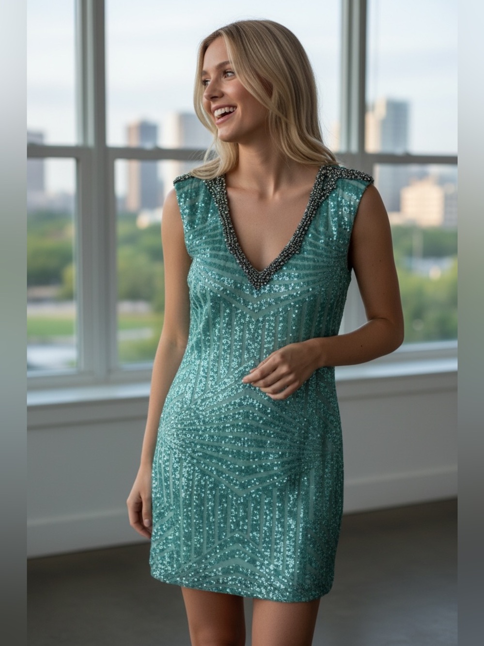 Sky Mint Sequin Mini Dress with Jeweled V-Neck